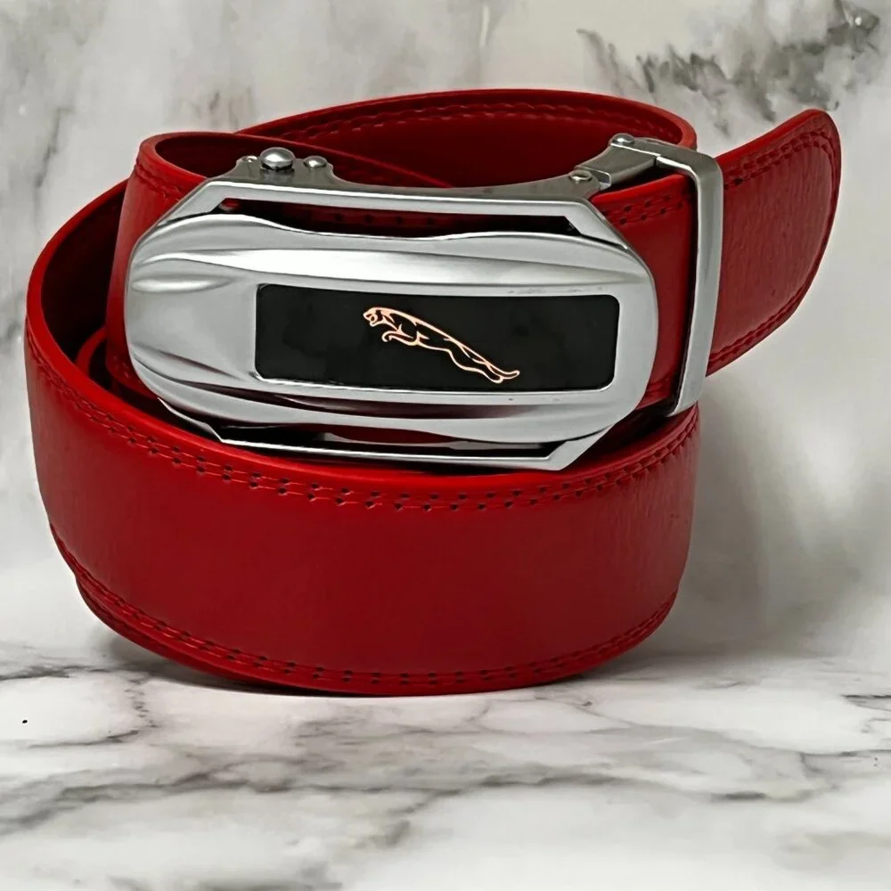 Red Belt Men’s Women Genuine Leather Ratchet Dress Belt With Automatic Buckle